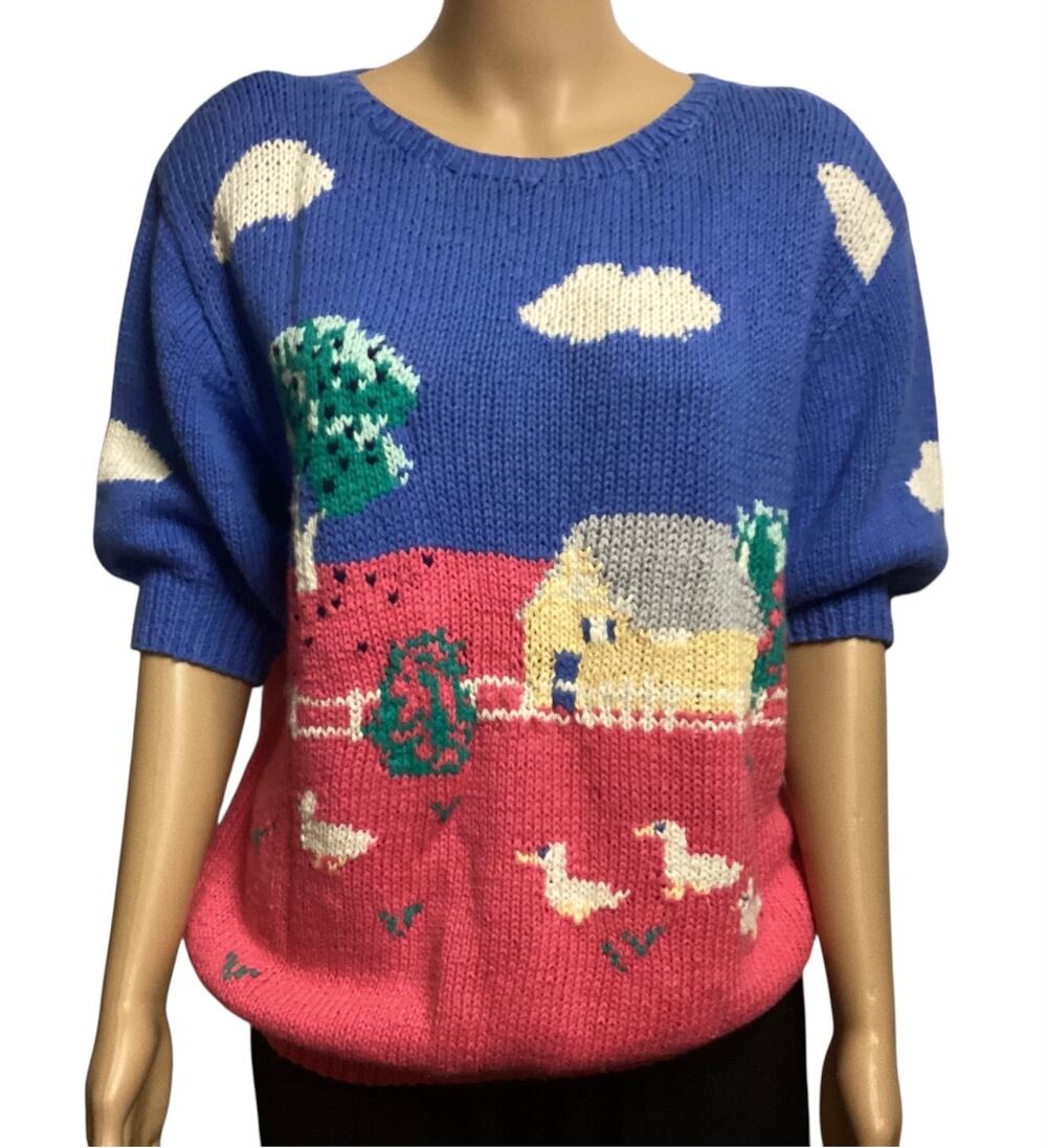 Vntg Skyr Short Sleeve Knit Sweater XL Farmhouse Scene Ducks Cottagecore Ramie